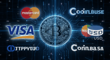 现代科技感数字美元与Visa、Mastercard、Coinbase等公司标志联合,Open USD稳定币概念图