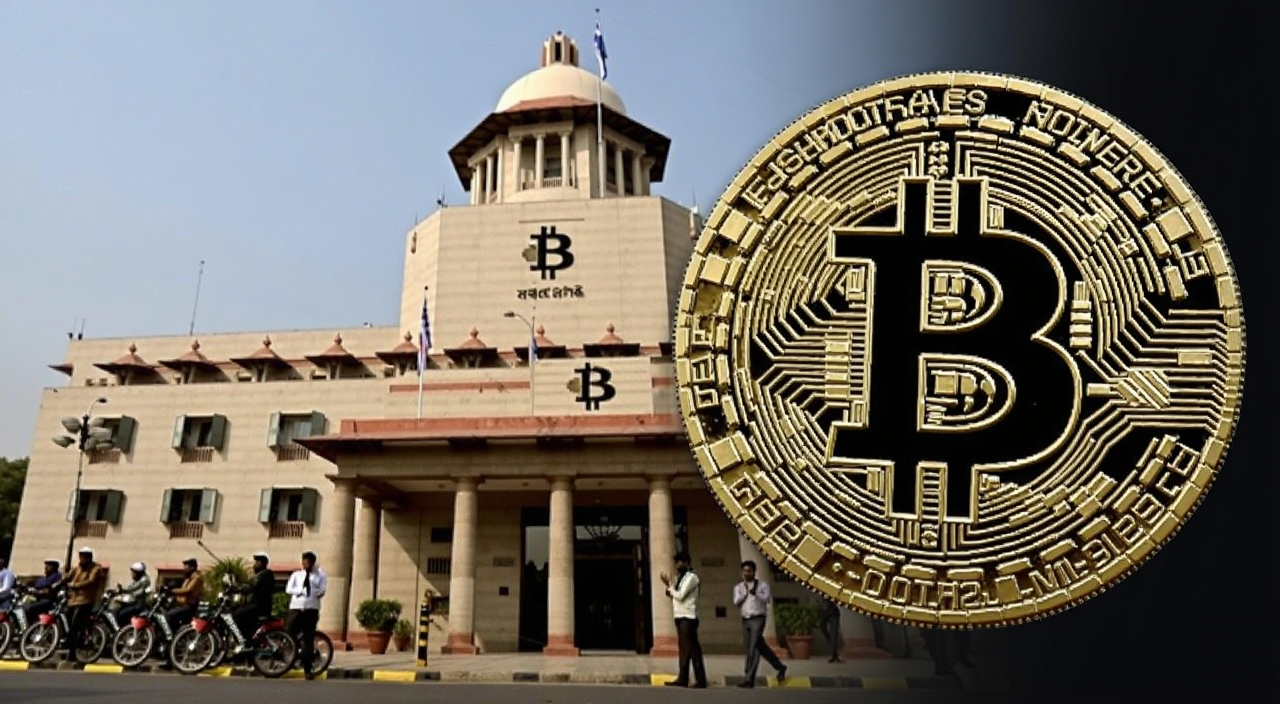 印度央行重申强硬立场,推动银行与加密资产隔离的新闻配图,画面包含印度央行总部大楼和比特币标志