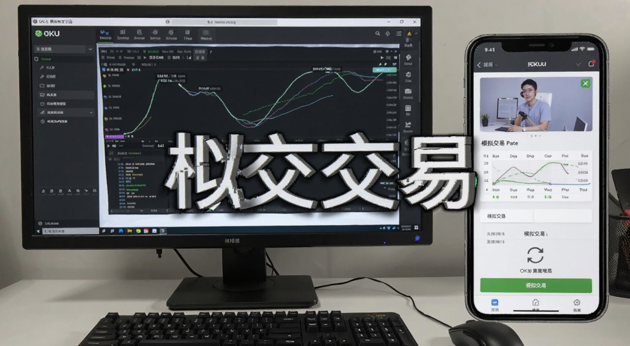 OKX模拟交易界面截图,用“模拟交易”作为核心关键字,展示电脑端和手机端的操作页面对比,风格写实清晰