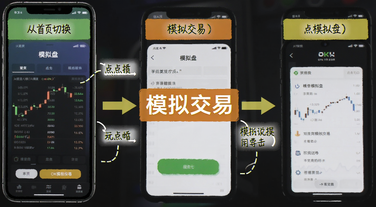 手机端OKX模拟交易操作流程图,用“模拟交易”作为关键字,展示从首页切换到模拟盘的点击步骤,配以文字标注,指导性强