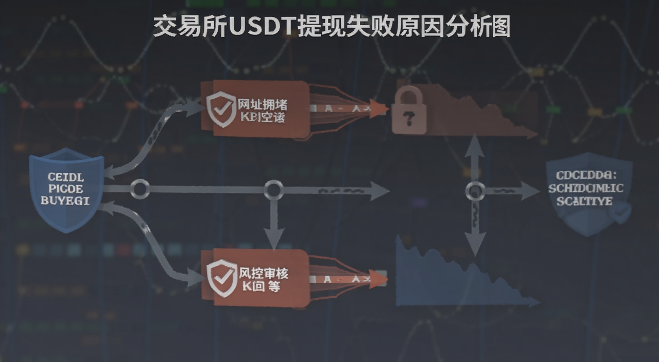 交易所USDT提现失败原因分析图,包含网络拥堵、地址错误、风控审核等关键词,风格写实清晰