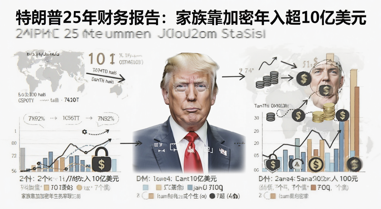 特朗普25年财务报告:家族靠加密年入超10亿美元深度解读,用“特朗普25年财务报告:家族靠加密年入超10亿美元”作为核心关键字生成一张数据图表风格的配图