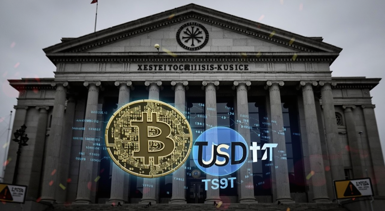 美财政部制裁ISIS-K钱包的新闻配图,画面包含美国财政部大楼和数字加密货币比特币、泰达币USDT标志,风格写实,带警示意味的色调