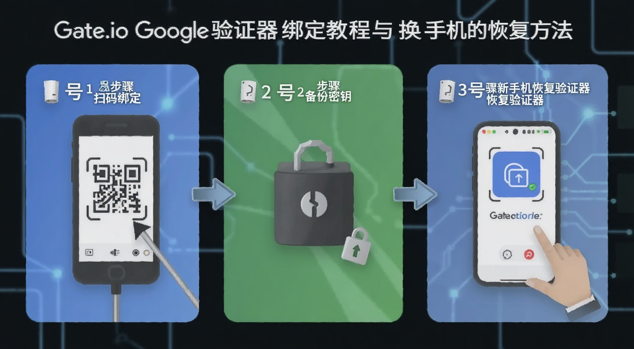 Gate.io�ȸ���֤���󶨽̳��뻻�ֻ��ָ�����ʾ��ͼ,ͼ�б�ע1�Ų���ɨ���,2�Ų��豸����Կ,3�Ų������ֻ��ָ���֤��