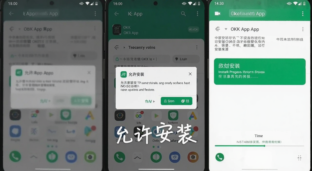 ��׿�ֻ���װOKX App�Ĳ����ͼ,��ʾ����δ֪��Դ��װ�ĵ����Ͱ�װ������,���ֱ�ע��������װ��