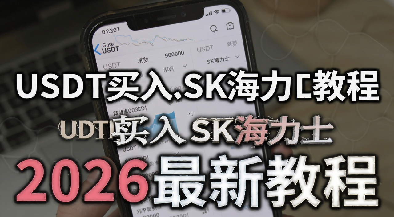 USDT买入SK海力士教程封面图,画面为手机屏幕显示Gate交易所韩股交易界面,关键词USDT买入SK海力士,文字标注2026最新教程