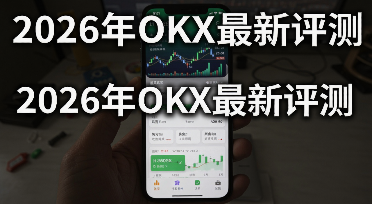 OKX交易所2026年手机端界面截图,展示首页行情和功能入口,带文字标注“2026年OKX最新评测”