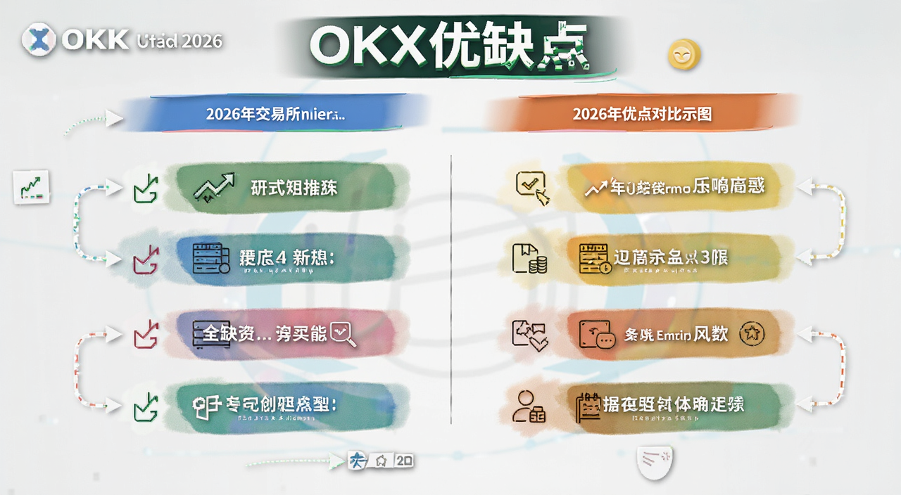 OKX交易所2026年优点缺点对比示意图,带文字标注“OKX优缺点”