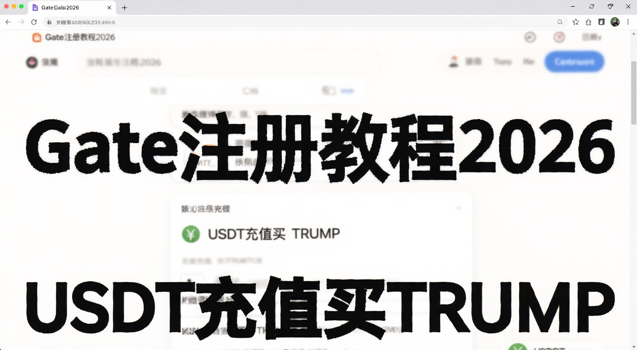 Gate交易所注册教程2026界面截图,关键词Gate注册教程,图上用文字标注“Gate注册教程2026”和“USDT充值买TRUMP”