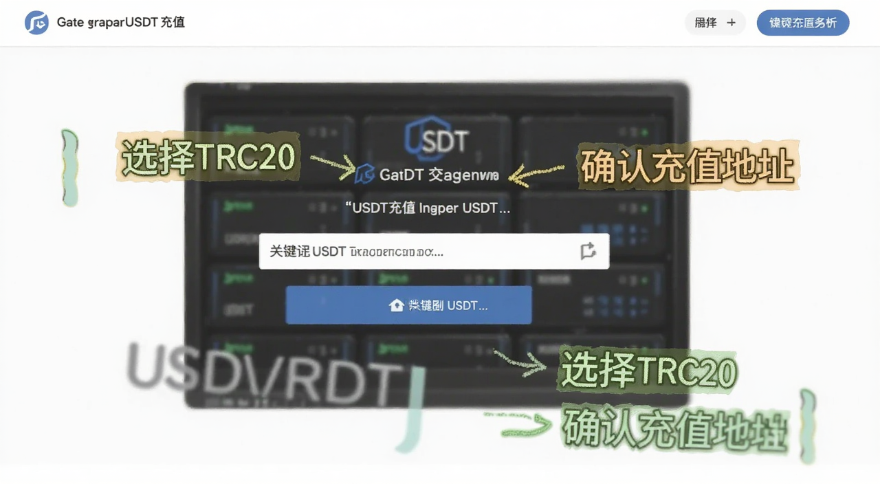 Gate交易所USDT充值页面操作示意图,关键词USDT充值教程,图上用文字标注“选择TRC20”和“确认充值地址”