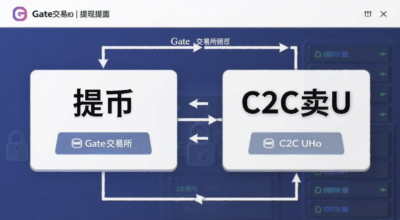 Gate交易所提现页面操作流程图,关键词Gate交易所怎么提现,图上用文字标注“提币”和“C2C卖U”