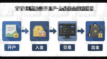 Backpack交易所完整教学开户入金交易出金全流程示意图,标注“开户”“入金”“交易”“出金”四个步骤