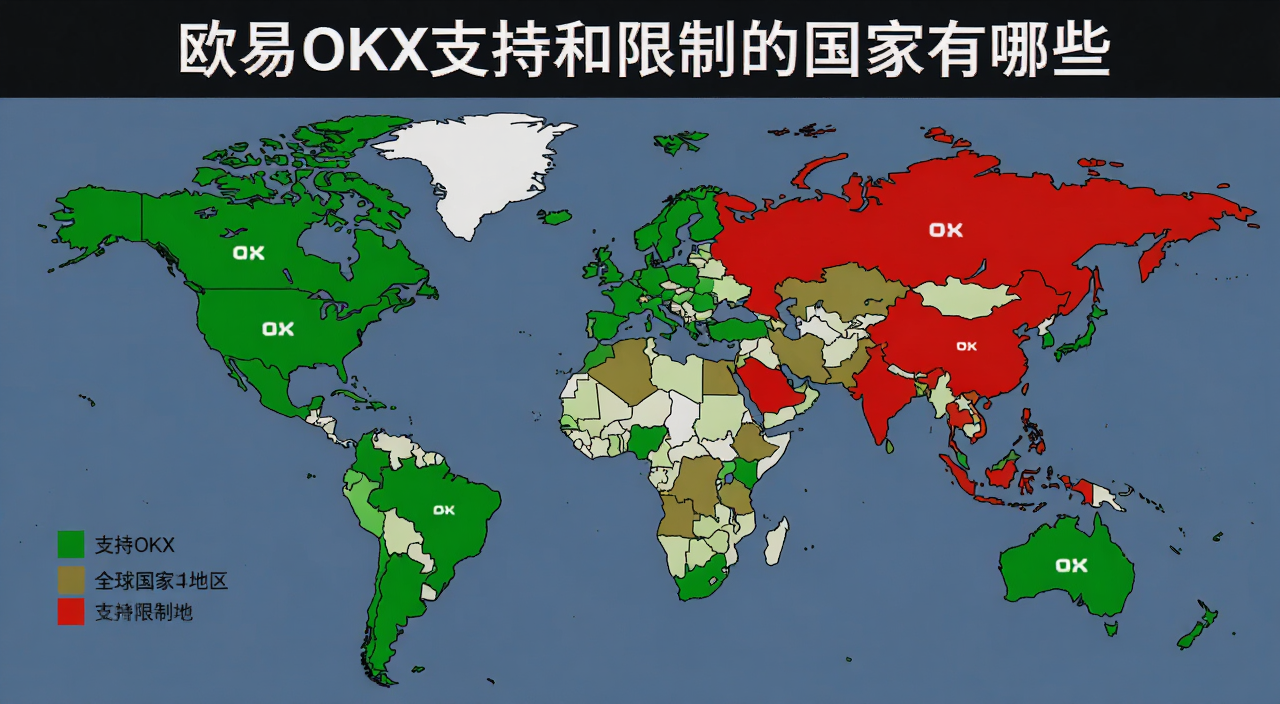 欧易OKX全球国家地区支持限制地图示意,图中标注支持区域绿色、限制区域红色,标题文字“欧易OKX支持和限制的国家有哪些”