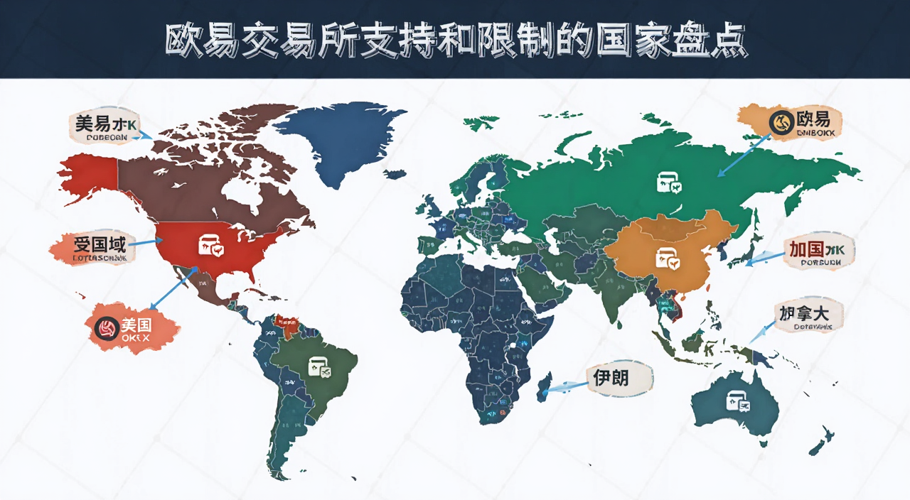 欧易OKX限制国家地区清单示意图,标注美国、中国大陆、加拿大、伊朗等受限区域,文字“欧易交易所支持和限制的国家盘点”