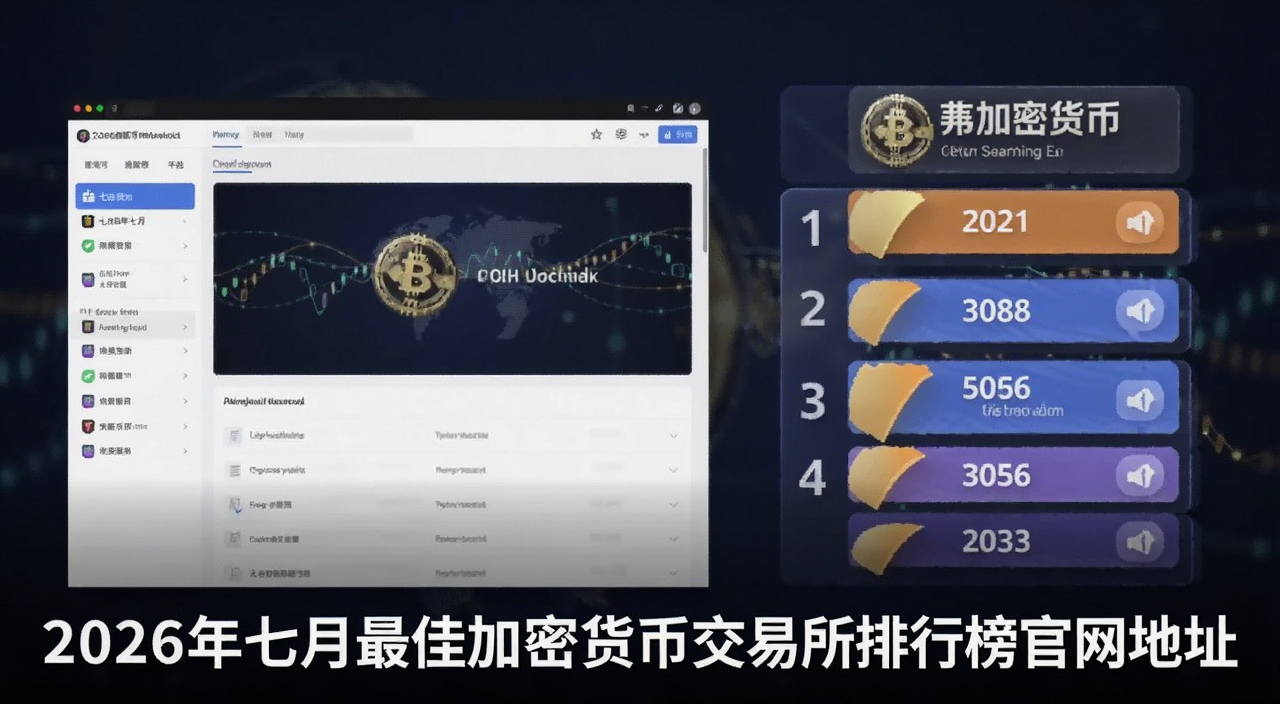 2026年七月最佳加密货币交易所排行榜官网地址主题配图,画面包含数字货币交易平台界面与排行榜元素,文字标注“2026年七月最佳加密货币交易所排行榜官网地址”