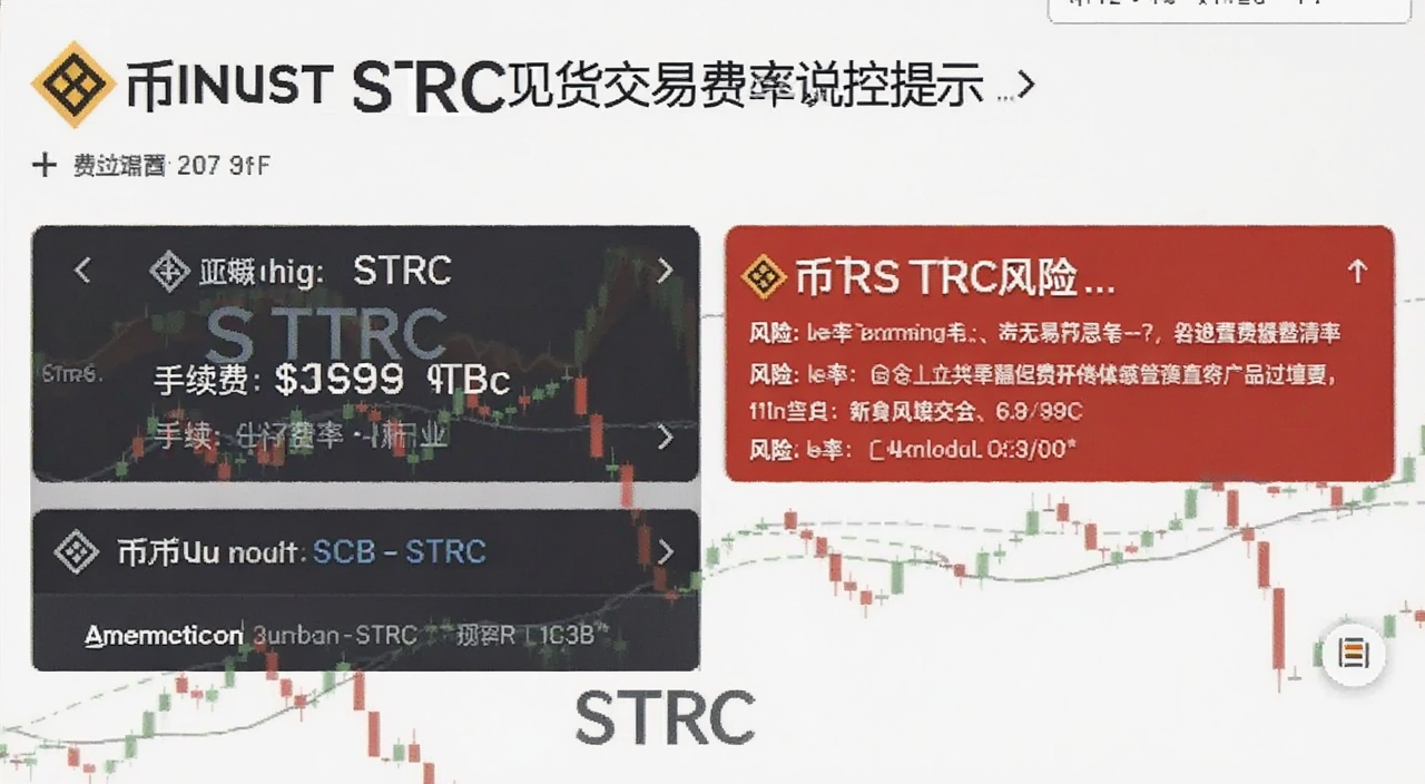 币安STRC现货交易费率说明和风控提示截图,画面显示手续费率和风险提示文字,带有STRC字样