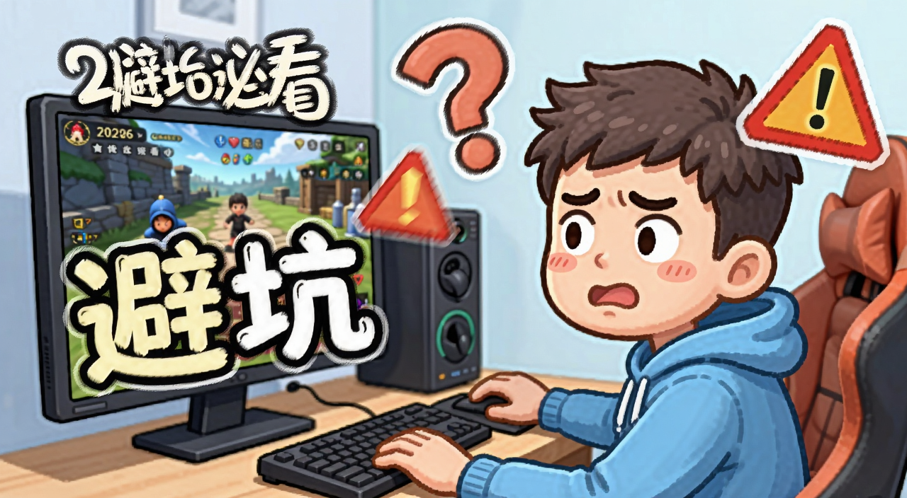 新手避坑必看 2026年新手玩家坐在电脑前面对游戏界面一脸困惑 旁边有问号和警告图标 卡通风格 文字“避坑”
