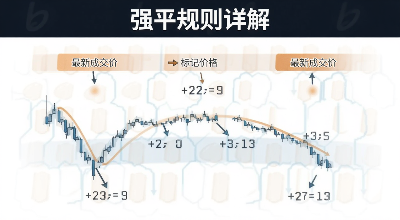 Bybitǿƽ�۸����ʾ��ͼ��չʾ��Ǽ۸����³ɽ��ۡ�ǿƽ��֮��Ĺ�ϵ������ע����ǿƽ������⡱