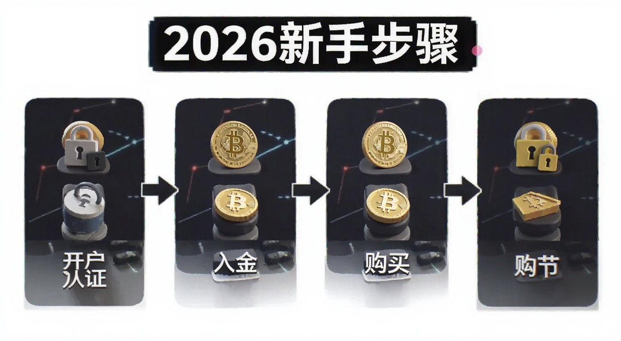 比特币购买步骤流程图,包含开户认证入金购买四个环节,文字标注