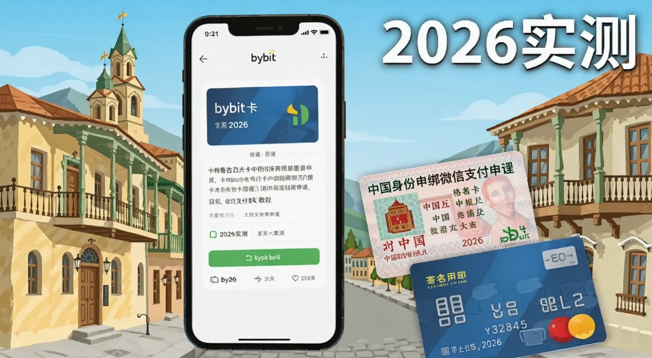 Bybit格鲁吉亚卡中国身份申请绑微信支付宝教程2026,一个手机屏幕显示Bybit卡申请界面,旁边放着中国身份证和一张银行卡,背景是格鲁吉亚风格建筑插画,文字标注“2026实测”
