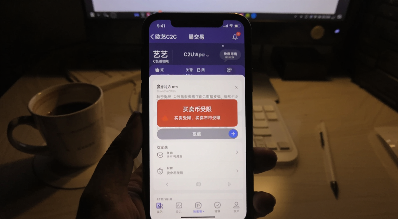 欧艺C2C交易受限界面截图,画面中显示手机屏幕上欧艺APP的C2C交易页面弹出红色提示框写着“买卖币受限”字样,背景是昏暗的房间桌面有咖啡杯,风格写实手机截图风
