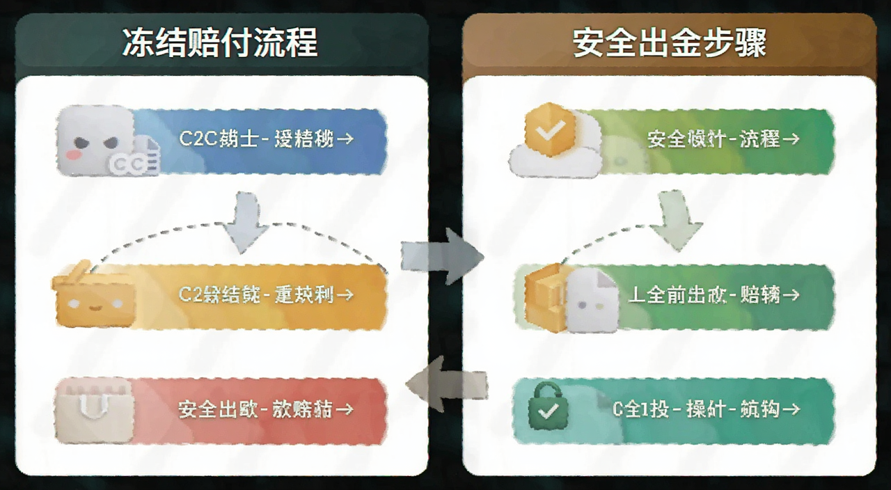 OKX欧易C2C冻结赔付规则与安全出金操作流程图,文字注明“冻结赔付流程”和“安全出金步骤”