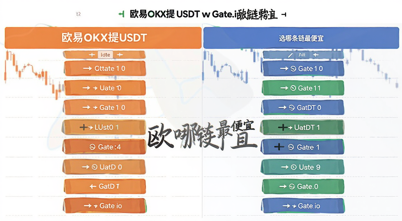 欧易OKX提USDT到Gate.io选链对比表格,图中文字注明“选哪条链最便宜”