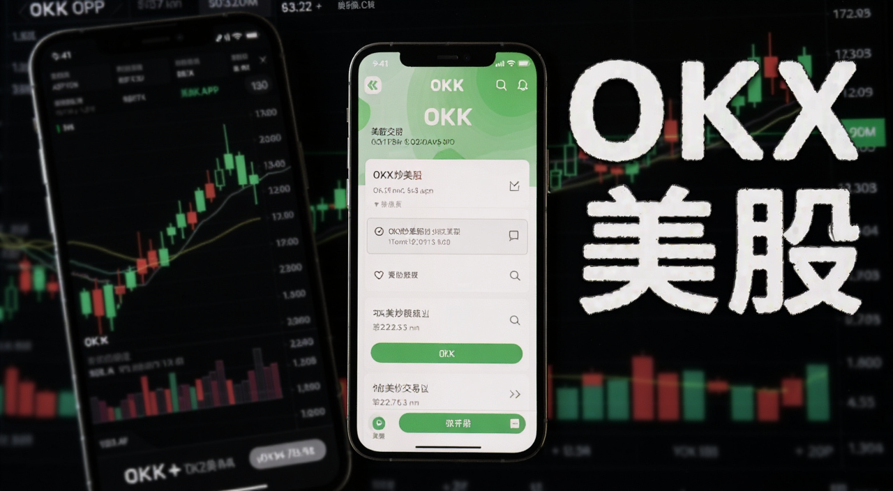 OKX交易所炒美股操作流程图,画面中央显示OKX APP界面和美股交易入口,旁边标注“OKX炒美股”几个字,背景是手机屏幕和K线图,关键词包含OKX炒美股
