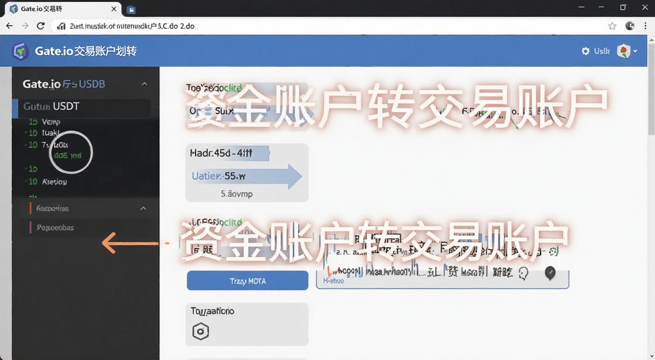 Gate.io交易账户划转USDT界面,标注“资金账户转交易账户”文字