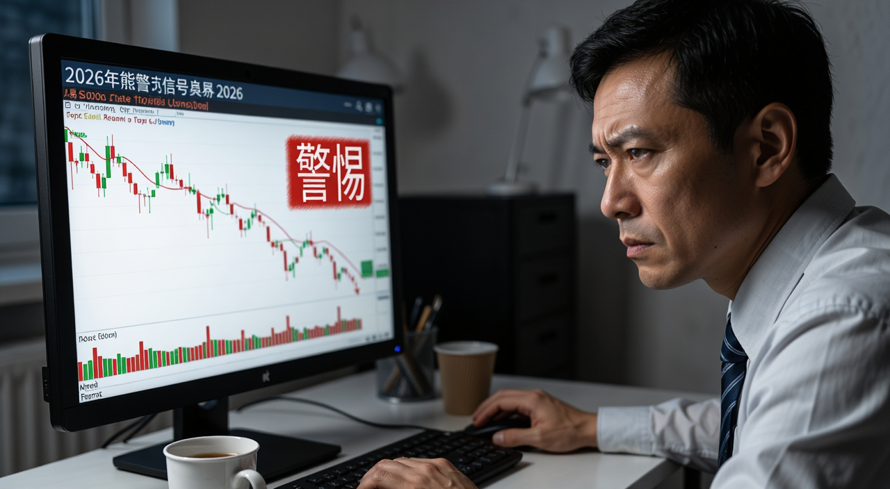 交易者面对2026年熊市预警信号,电脑屏幕上K线下跌,人物表情凝重,画面包含文字“警惕”