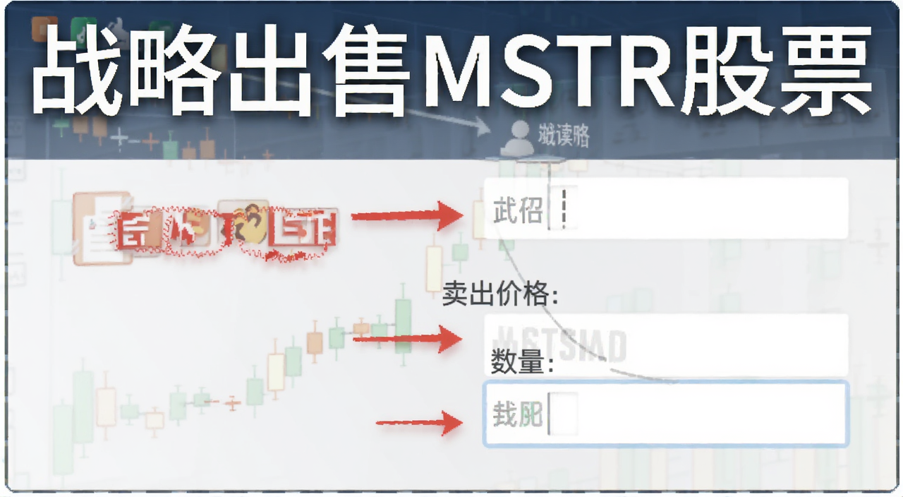 战略出售MSTR股票操作界面示意图,图中标注卖出价格和数量输入框,文字用“战略出售MSTR股票”注明