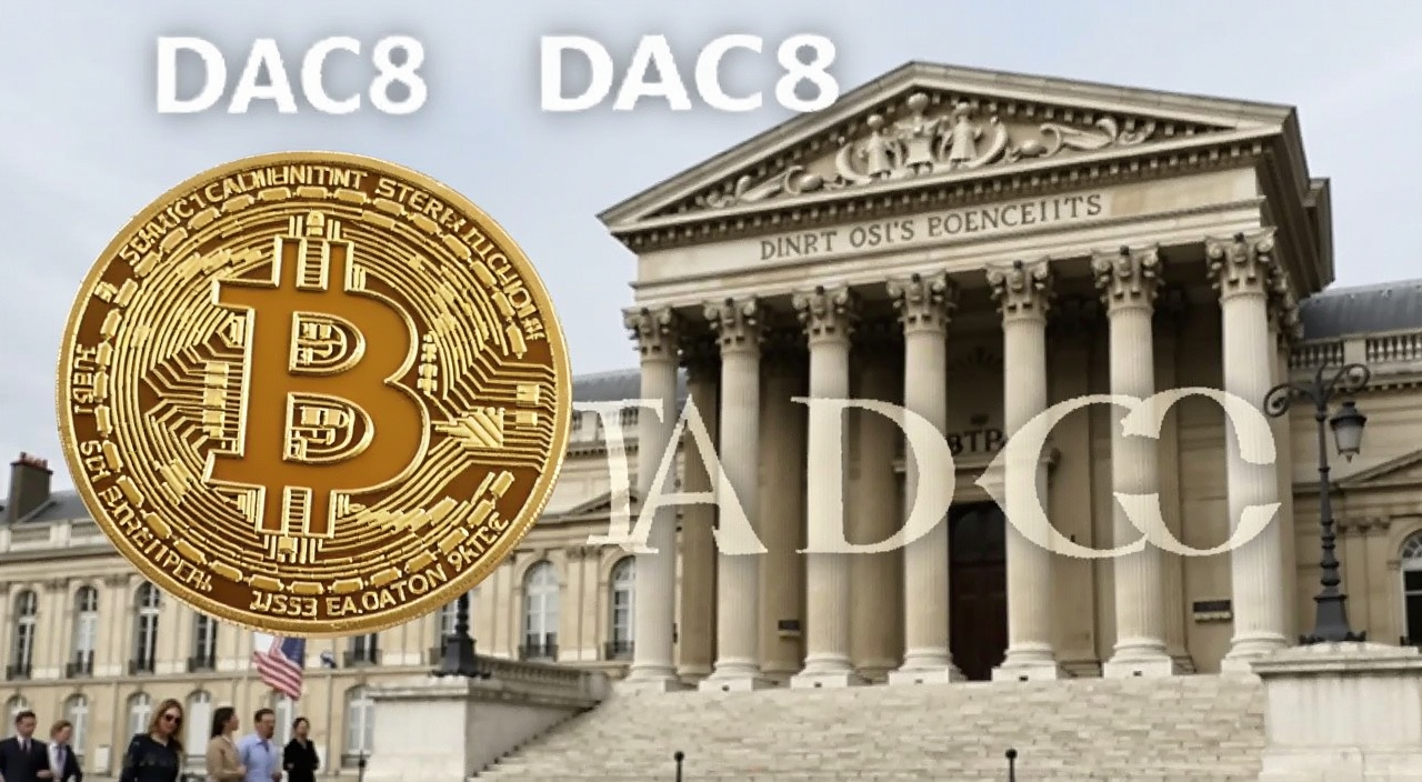比特币(BTC)请求法国法院推翻DAC8实施令概念图,画面中有比特币标志和法国法院建筑,文字标注DAC8