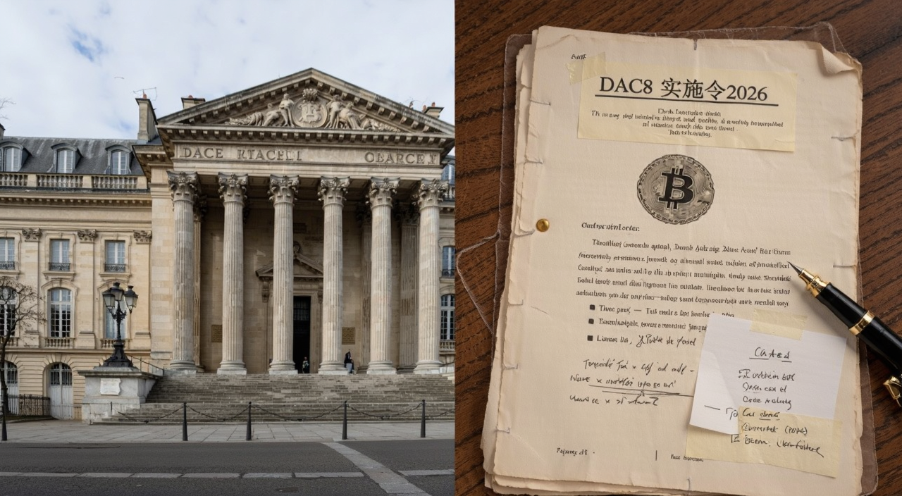 法国法院建筑与比特币法律文件,文字标注DAC8实施令2026