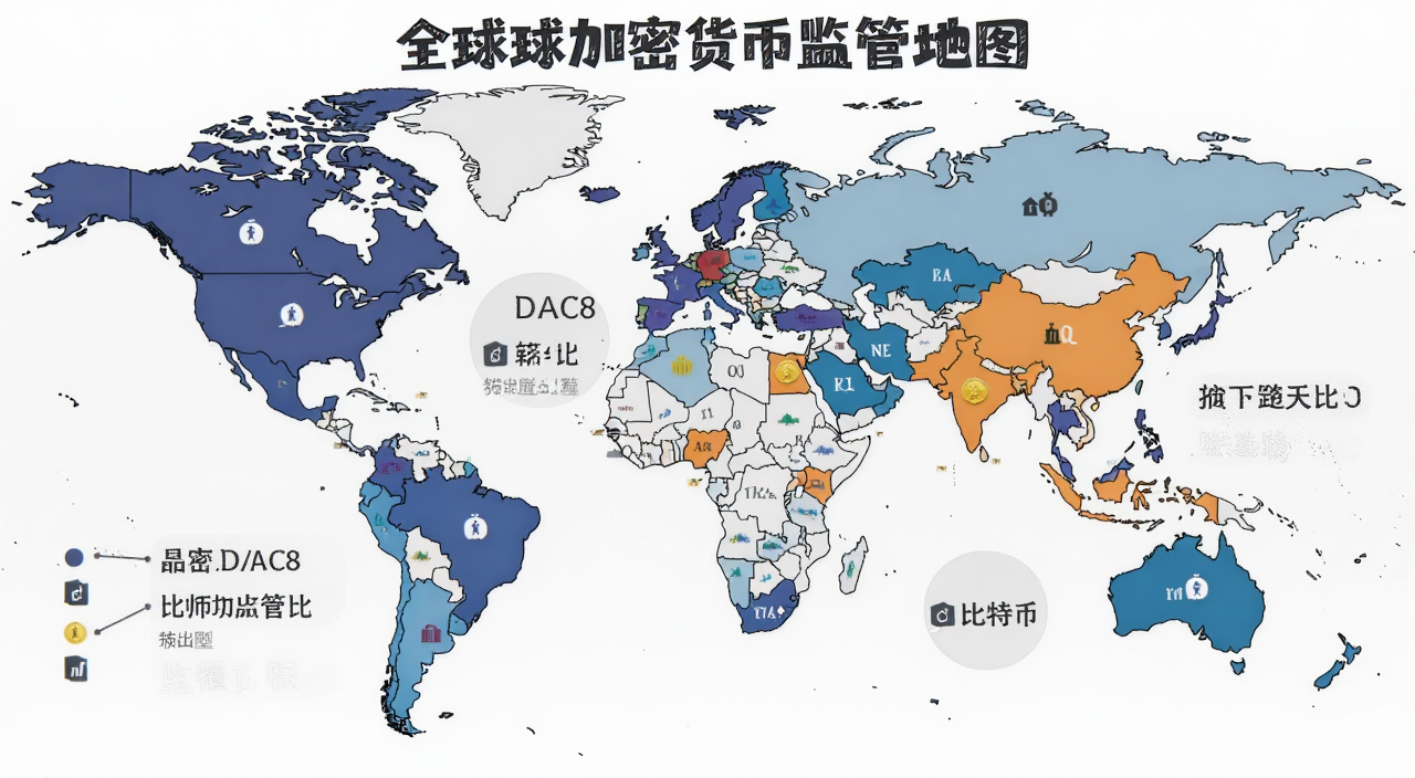 全球加密货币监管地图,标注法国DAC8和比特币,文字标注监管对比
