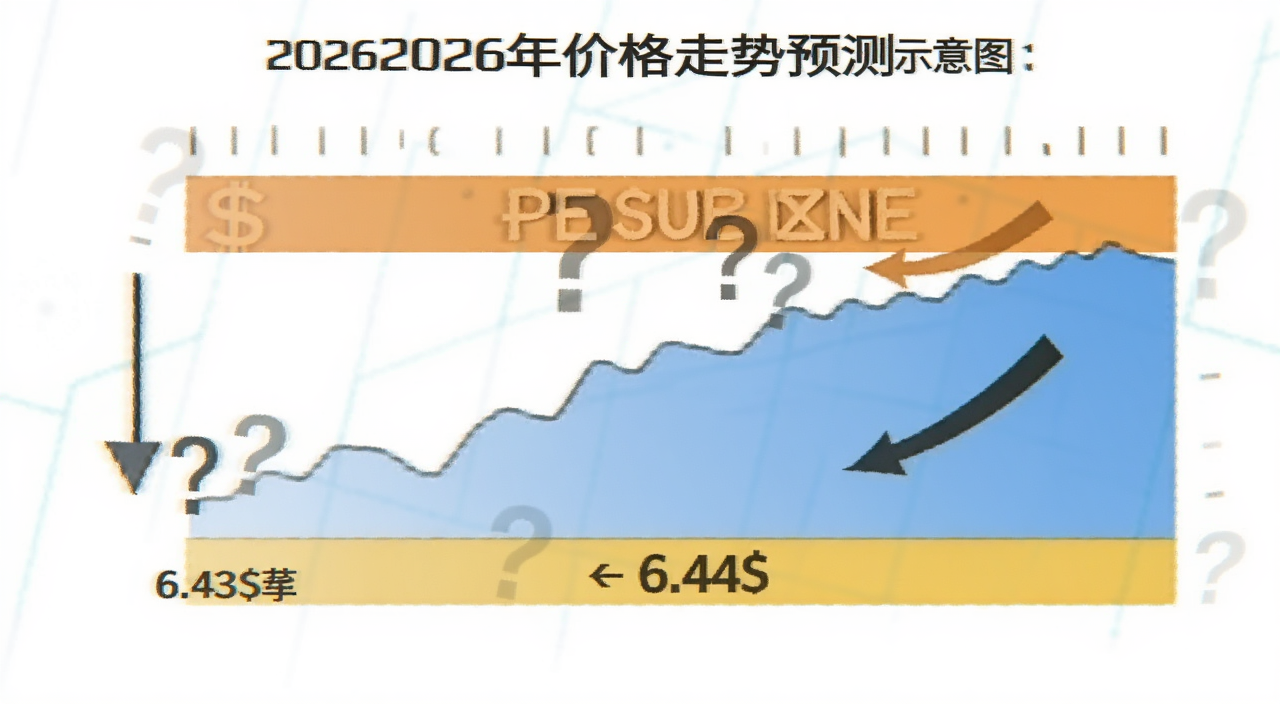 比特币2026年价格走势预测示意图,显示6.43万美元支撑位和上方压力区间,带有问号和箭头,风格简洁