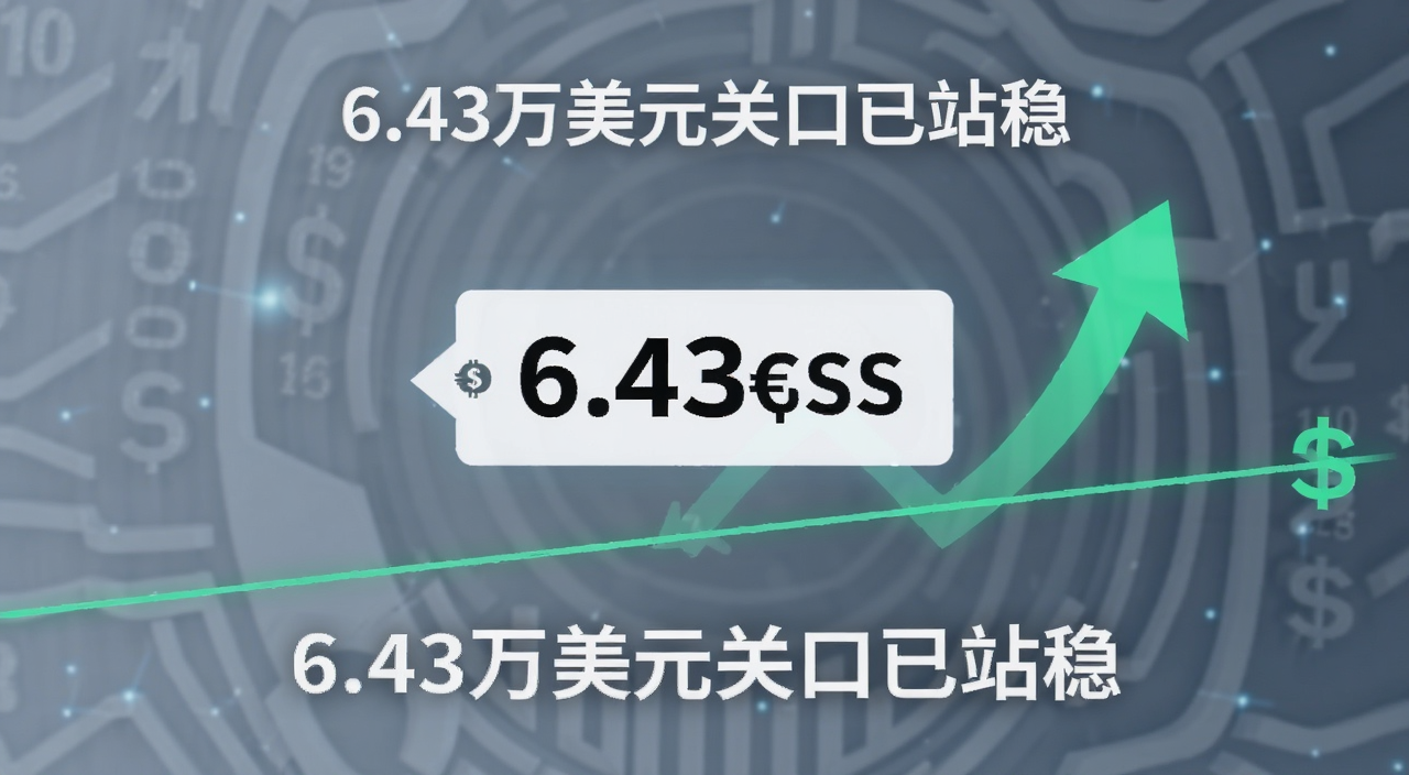 比特币价格走势图背景,画面中央显示6.43万美元价格标签,旁边有向上箭头和稳定支撑线,整体风格简洁科技感,文字标注“6.43万美元关口已站稳”