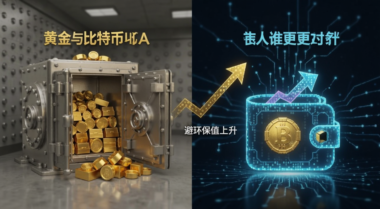 黄金与比特币避险属性对比示意图,左边金库右边数字钱包,标注市场不确定性上升时谁更保值