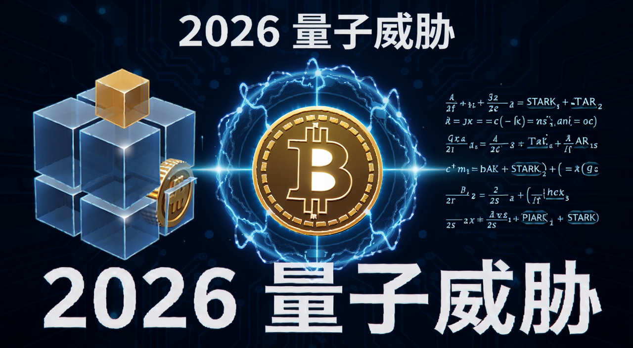 比特币的量子困境:扩容区块 还是采用STARK证明? 概念图,中间是比特币标志被量子光环包围,左边是膨胀的区块方块,右边是STARK证明的数学符号,背景是深蓝色科技感,图上文字标注“2026 量子威胁”