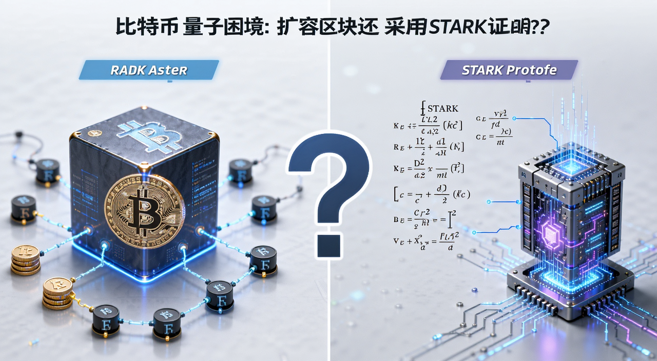 比特币的量子困境:扩容区块 还是采用STARK证明? 对比图,左边画着扩容后的大区块和拥挤的节点,右边画着STARK证明的数学公式和量子计算机,中间用问号连接,风格简洁科技感