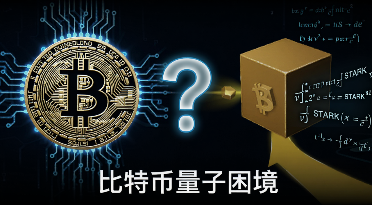 比特币量子困境概念图,画面左侧是发光的比特币符号被量子电路包围,右侧分裂出两条路,一条是巨大的区块方块,一条是STARK验证的数学符号,中间用问号连接,图片下方用文字标注“比特币量子困境”