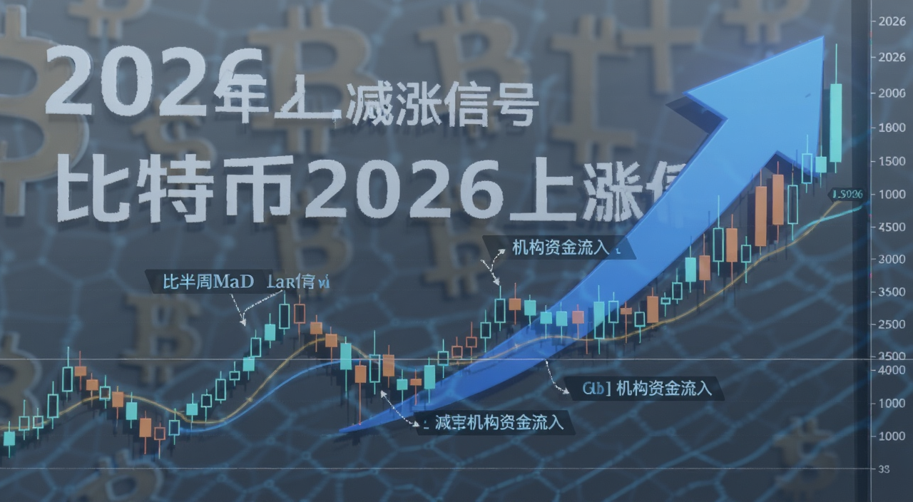 比特币K线图上涨箭头背景,旁边有2026年份标注,图表上标注减半周期和机构资金流入文字,风格简洁科技感,文字标注“比特币2026上涨信号”