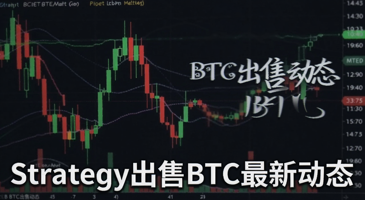 比特币价格K线图与新闻标题拼接的示意图,画面中有红绿蜡烛图,旁边标注“BTC出售动态”,图片中文字用“Strategy出售BTC最新动态”注明