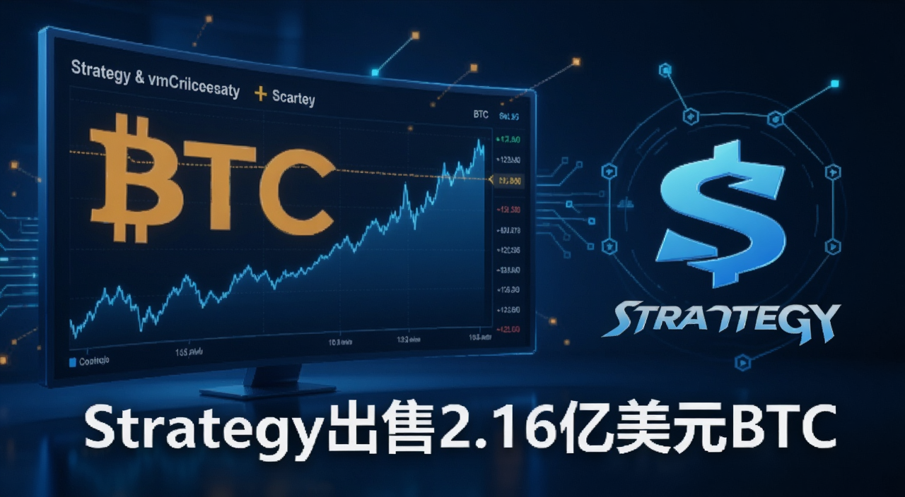 比特币与公司财报结合的概念图,画面中有一块大屏幕显示BTC价格走势和出售字样,旁边是Strategy公司logo风格的元素,整体色调偏科技蓝,图片中文字用“Strategy出售2.16亿美元BTC”注明