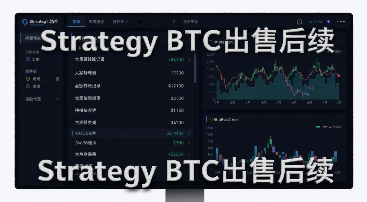 区块链数据监控面板概念图,画面中有大额转账记录和持仓变化图表,图片中文字用“Strategy BTC出售后续”注明