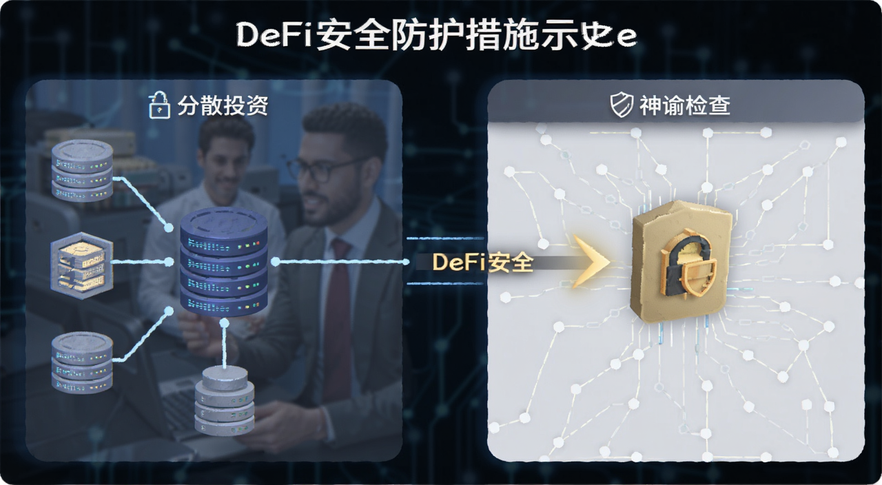 DeFi安全防护措施示意图包含分散投资和神谕检查,关键词DeFi安全