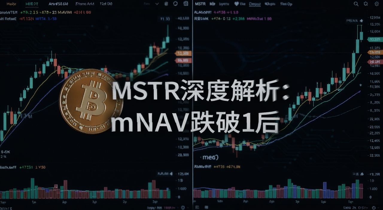 比特币与股票K线对比图,画面中央显示MSTR深度解析:mNAV跌破1后字样,背景为数字货币交易界面,风格偏科技感
