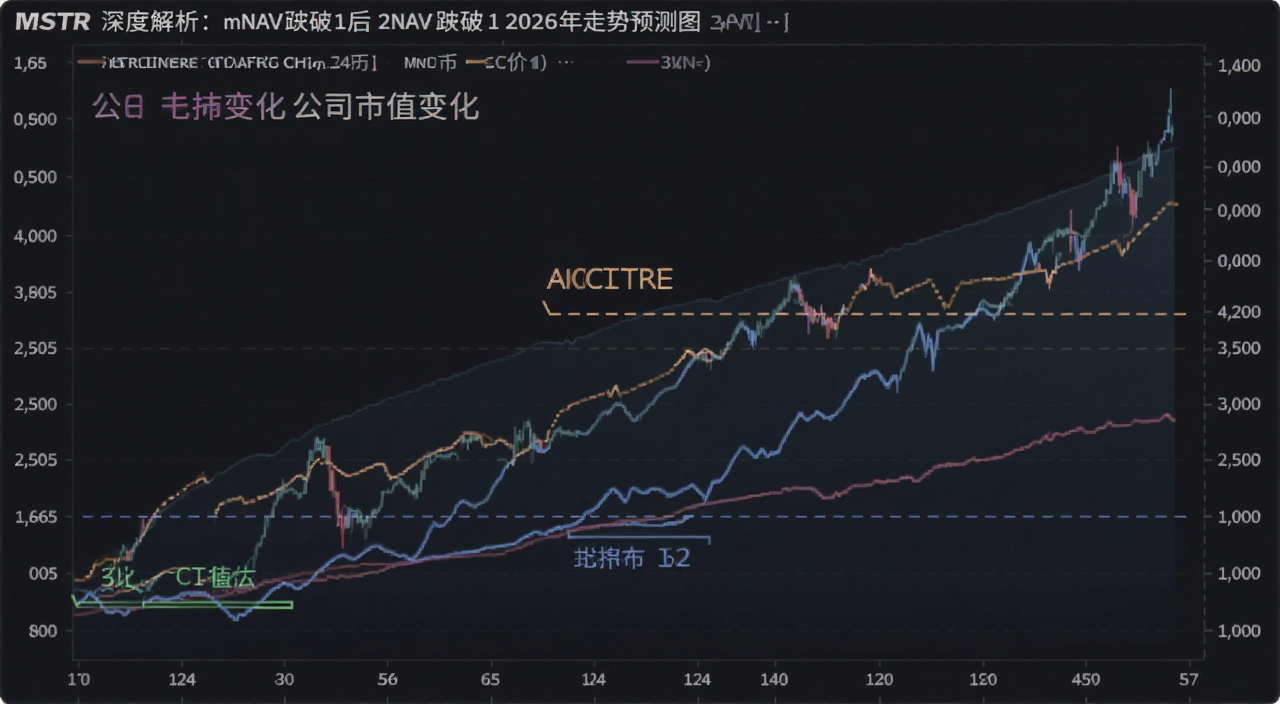 MSTR深度解析:mNAV跌破1后 2026年走势预测图,包含比特币价格曲线和公司市值变化,标注关键支撑位