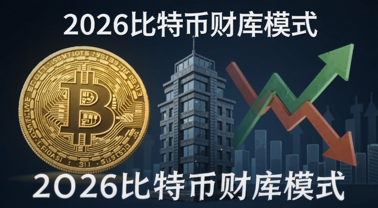 比特币财库模式还能持续吗 2026年上市公司比特币持仓趋势概念图,画面包含比特币符号、企业大楼、上升与下跌箭头对比,文字注明“2026比特币财库模式”