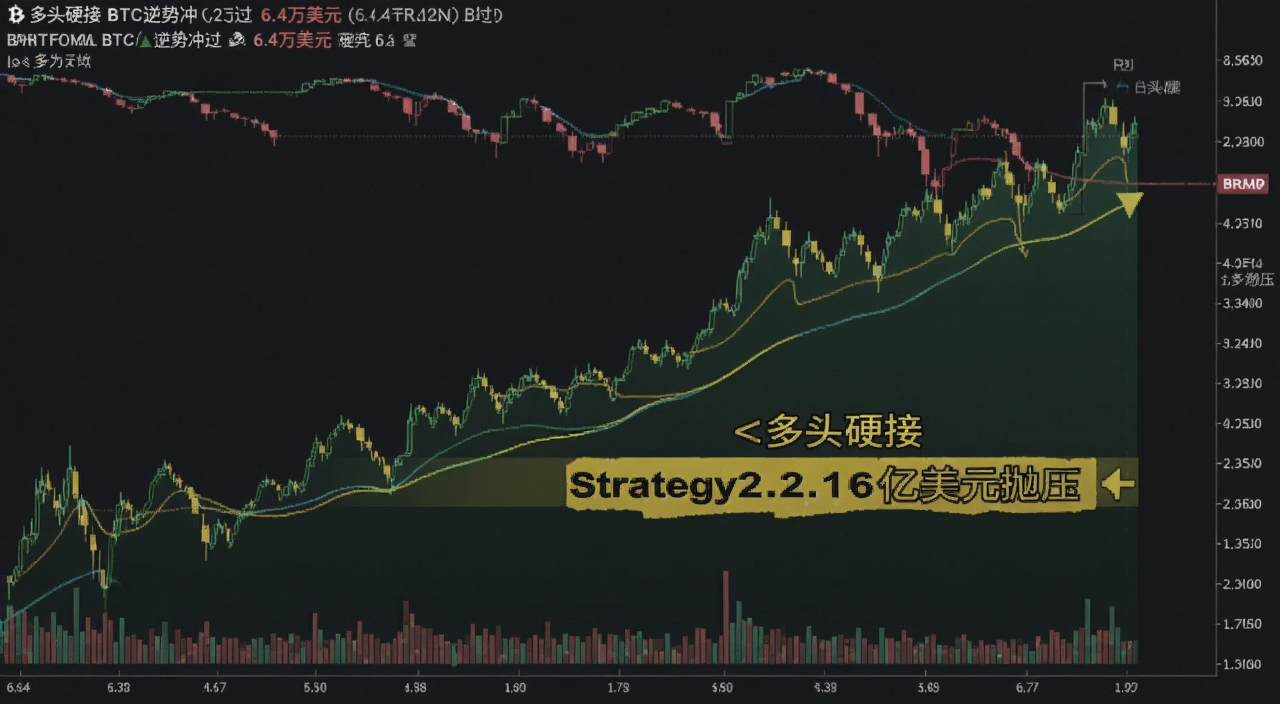 比特币BTC逆势冲过6.4万美元行情走势图,图中标注<多头硬接Strategy2.16亿美元抛压>字样