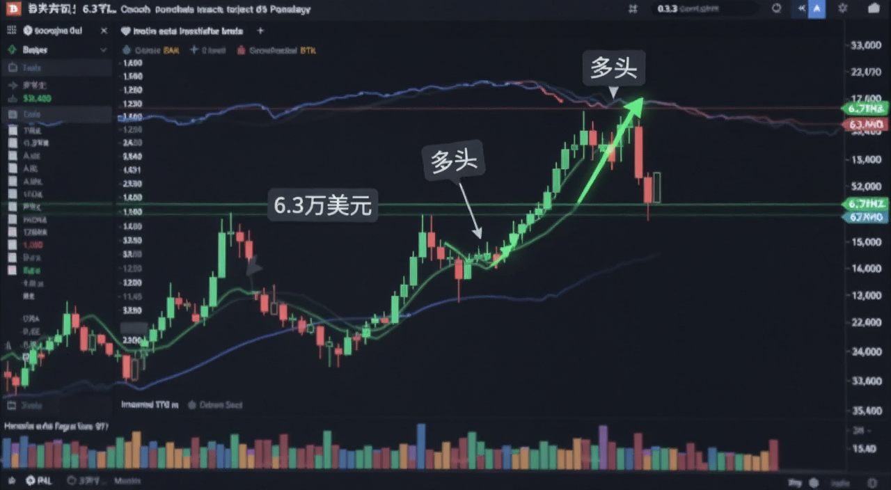 比特币BTC多头在6.3万美元关口激烈争夺的K线走势图,图中标注“6.3万美元”关键支撑位和“多头”字样,背景是数字货币交易界面